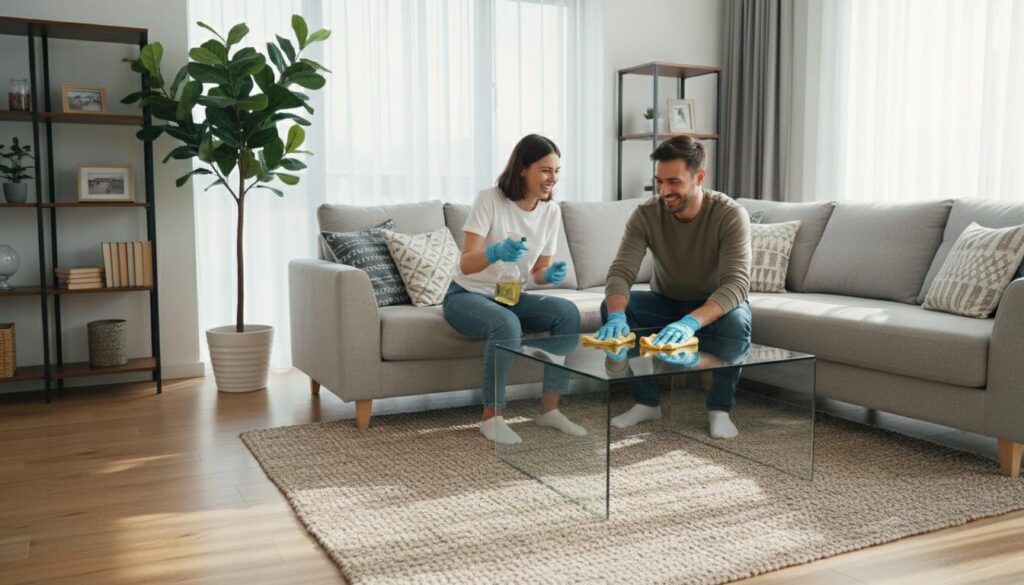 Rengøring i solfyldt stue