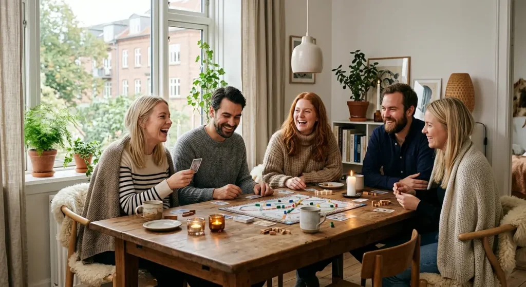 En gruppe venner der griner og spiller hyggelige brætspil i en lys og hyggelig skandinavisk stue med stearinlys.